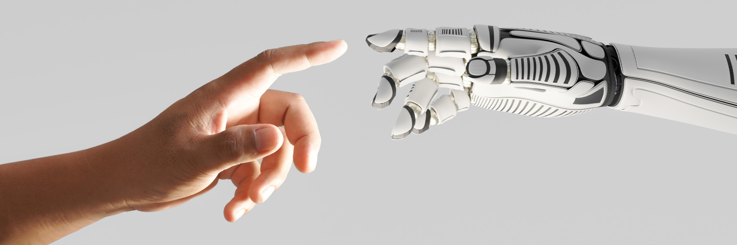 Header image for "AI Donor Communications: The Good, the Bad, and What Can’t Be Left to the Robots." Depicts human hand and robot hand extending towards eachother to touch their pointer fingers together.