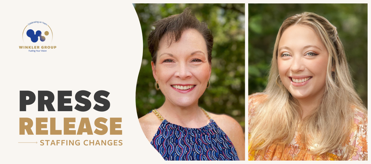 Blog header graphic that features a text box to the left that reads "Press Release: Staffing Changes". To the right is a picture of a smiling woman with short hair and a blue patterned top, Jennifer Morgan. To the right of her is a smiling woman with medium-length blonde hair and an orange dress, Rachel Santos.