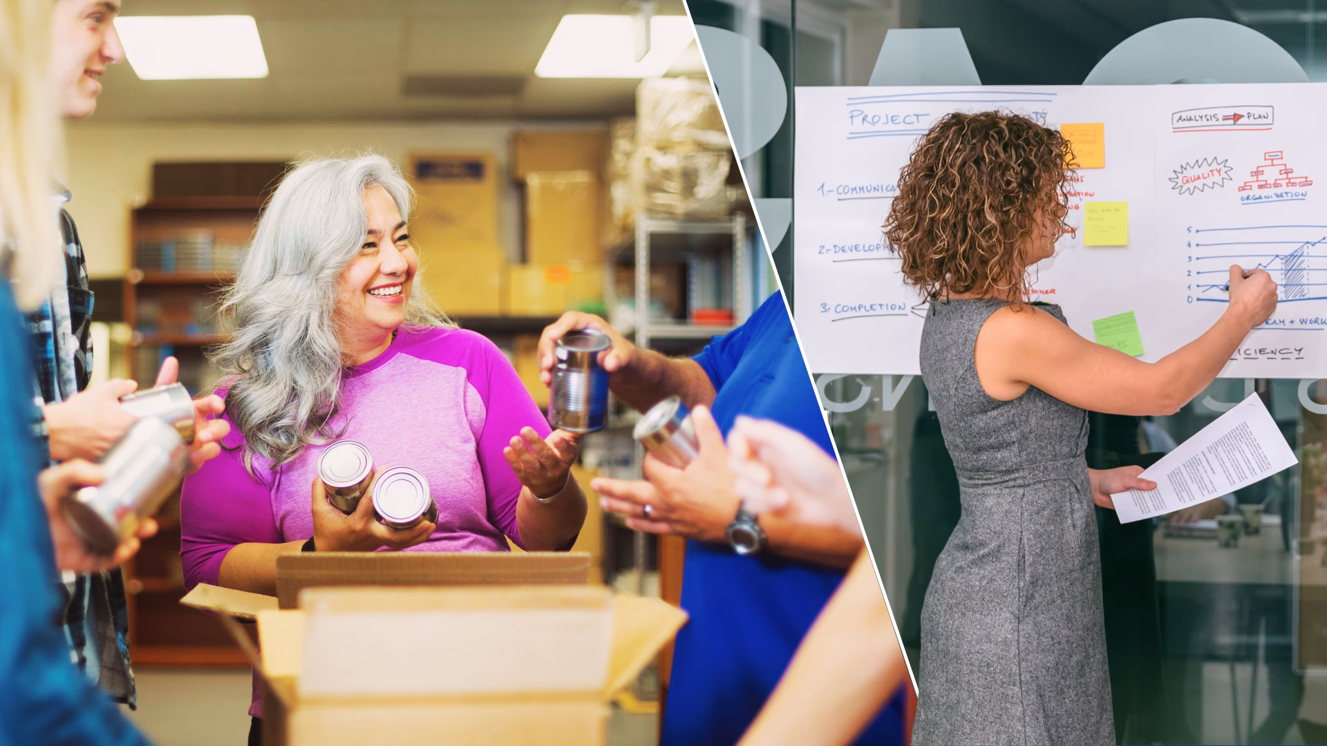 Header image for the blog, "Capital Campaign Readiness: What to Do Before You Begin." The image features volunteers for a community food bank on the left. The right side of the image features an executive standing in front of a glass whiteboard, writing.